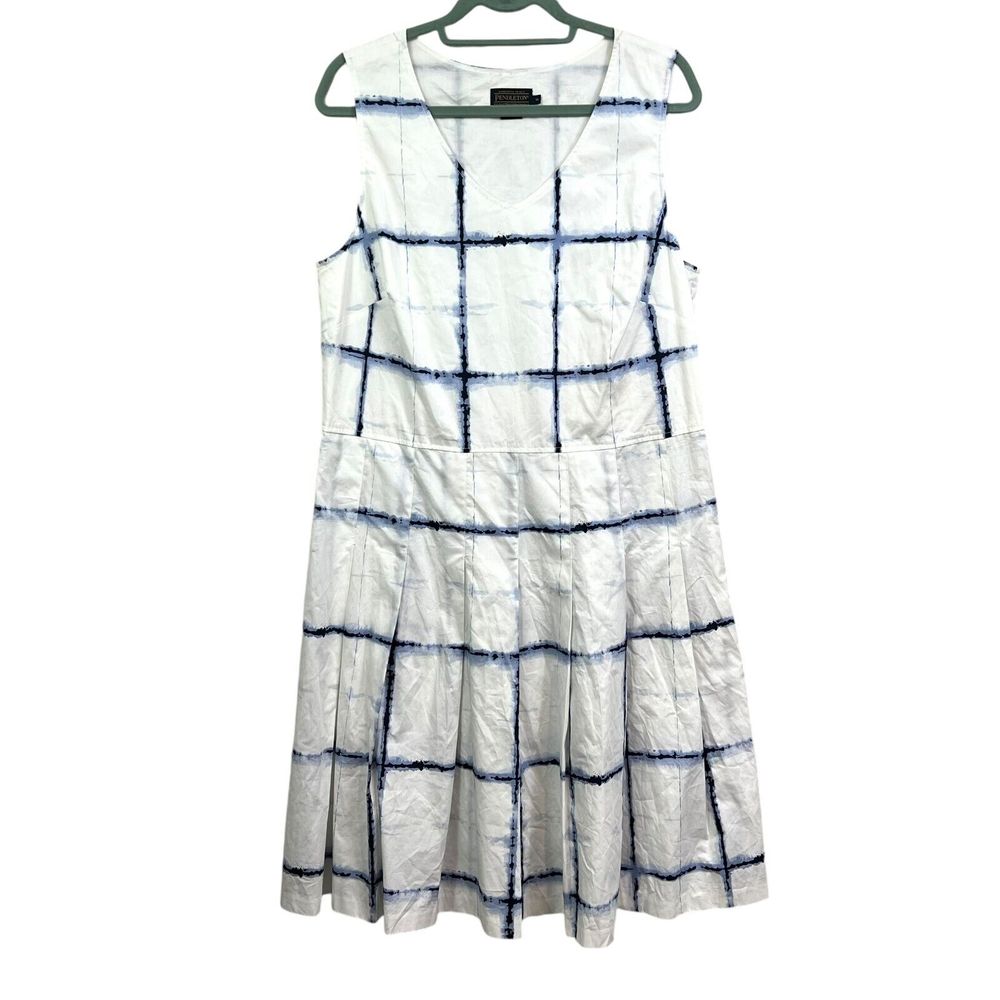 Pendleton Womens Dress Plaid Fit & Flare Sleeveless Pleated Blue White Size 16*